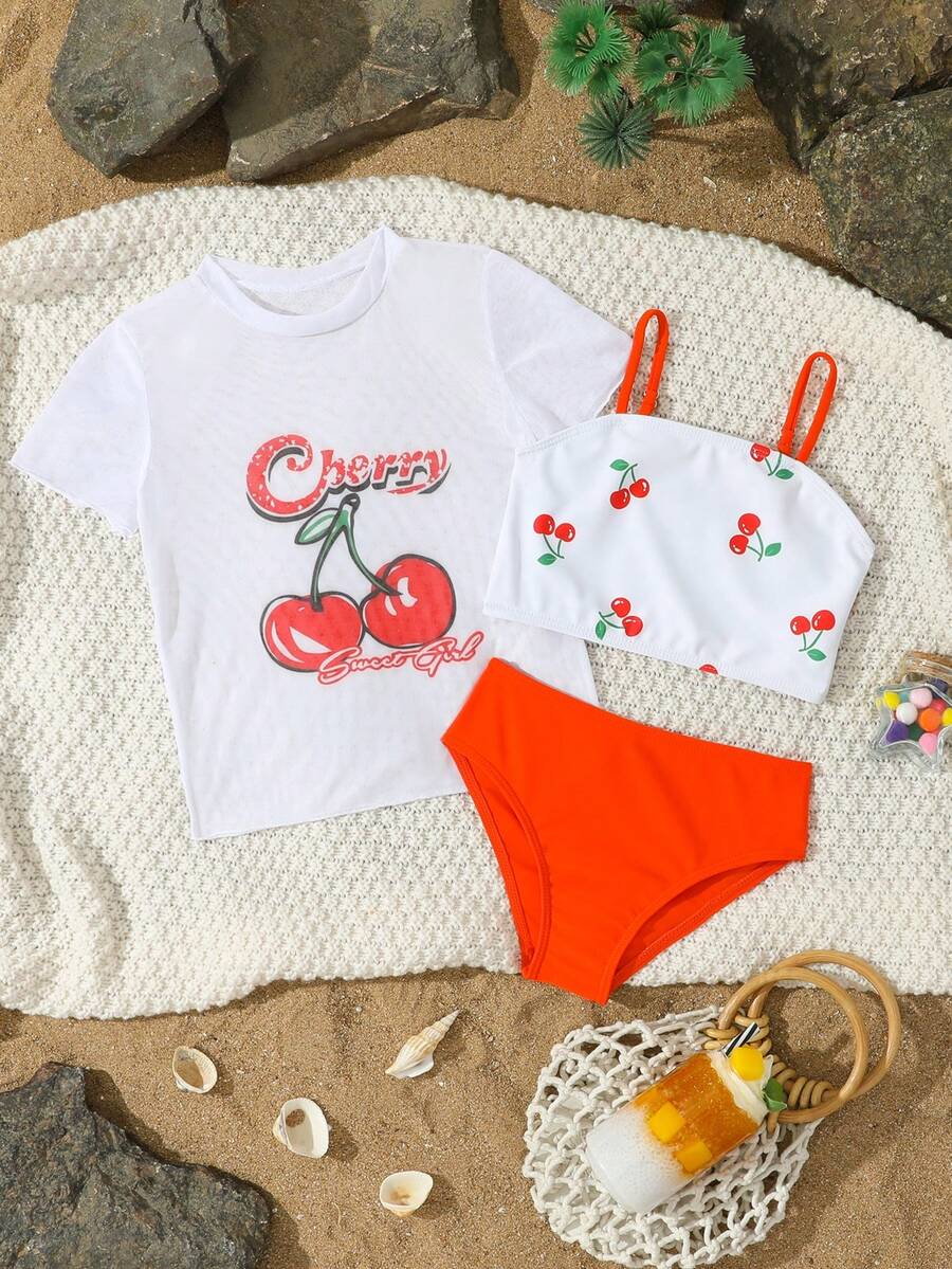 Young Girl Cherry Print Tankini Swimwear And Mesh Short Sleeve - White - View 1