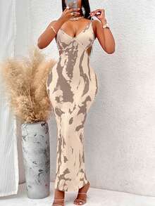 AIJ Amarilo Women's Beige Abstract Tie Dye Crisscross Backless Cutout Bodycon Maxi Dress – Ideal For Date Nights, Spring Break Carnival Costume, Brunch, Beach Days & Summer Looks - Mocha Brown - View 3