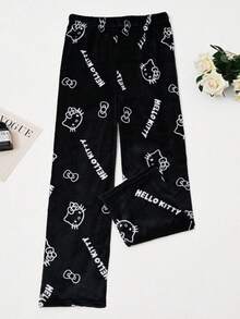 SANRIO Cartoon Flannel Pajama Pants, Thickened Fleece, Anime Style Women's Sleepwear, Couples' Loungewear, Casual Home Wear, Ideal For Sleeping Or Relaxing In Autumn/Winter, Holiday Gift, Birthday Gift, Back To School Gift, New Year Gift - Black - View 15