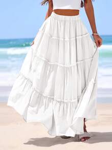 Women's Tiered Maxi Skirt Summer Spring Fashion  High Waisted Long Flowy Casual Boho Beach Vacation Clothes - trắng - Xem 1