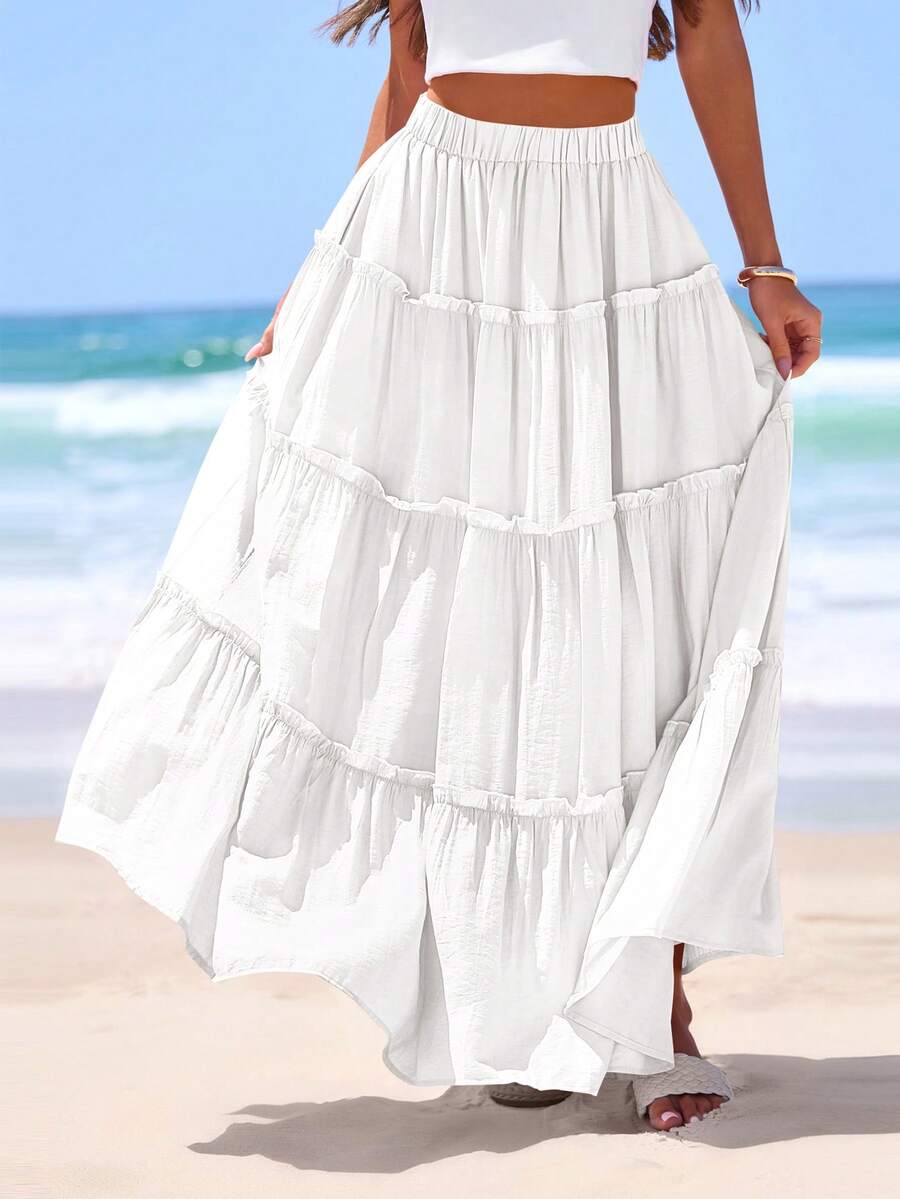 Women's Tiered Maxi Skirt Summer Spring Fashion High Waisted Long Flowy Casual Boho Beach Vacation Clothes - trắng - Xem 1