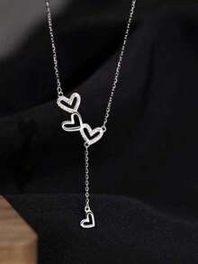 1件水钻心形流苏项链，精致的颈链，适合情人节佩戴或送给朋友 - 銀色 - 查看 3