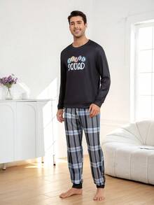 男士印花圆领长袖休闲舒适家居睡衣套装，春秋季 - 彩色 - 查看 4