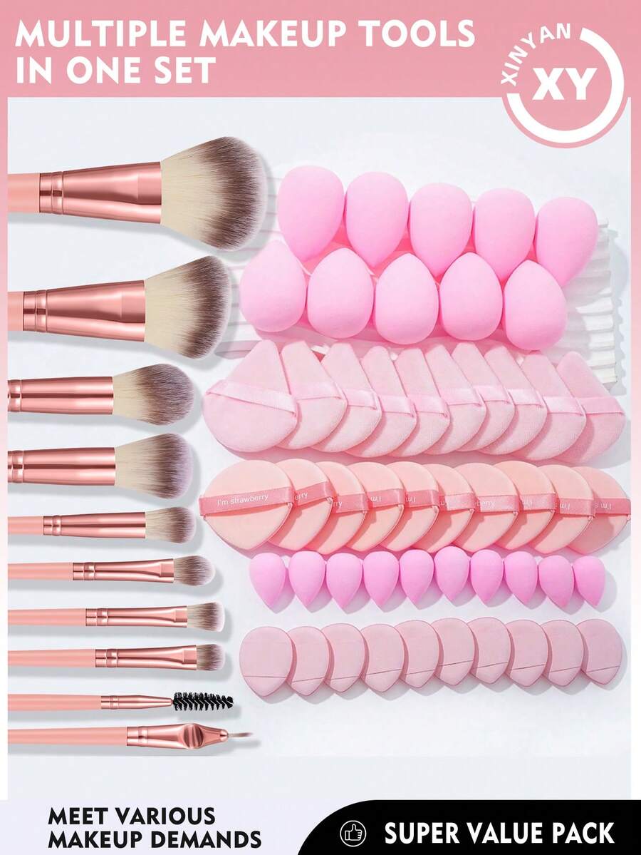 60PCS Makeup Tools Set Including:10PCS Makeup Brush Set+10PCS Makeup Sponges+10PCS Mini Makeup Sponges+10PCS Air Cushion Powder Puff+10PCS Triangle Powder Puffs+10PCS Mini Air Cushion Powder Puffs - Pink - View 1