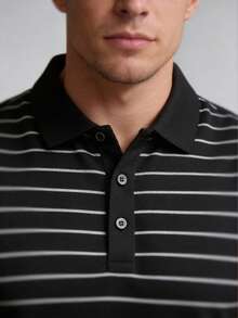（预购）男士短袖 Polo 衫，黑白条纹，休闲运动百搭上衣 - 黑色 - 查看 3