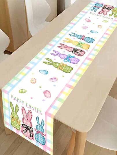 1pc Easter Table Runner, 180x35cm, Polyester Easter Bunny & Egg Pattern Tablecloth, Colorful Buffalo Plaid, Easter Home Kitchen Dining Table Decor, Suitable For Indoor/Outdoor Spring/Summer Party Decoration, Ideal For Easter Celebration