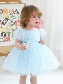 女婴浅蓝色蝴蝶结泡泡袖亮片网纱优雅派对公主裙，适合宝宝一周岁生日派对、婚礼、庆典活动 - 淺藍色 - 查看 3