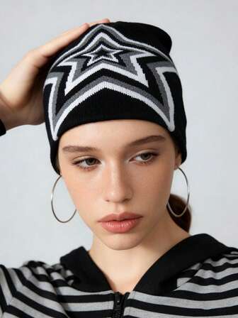 1pc Y2K Gothic Letter Jacquard Knit Beanie, Loose Comfortable Warm Knitted Hat, Unisex Couple Skull Cap, Suitable For Outdoor, Cycling, Travel, Skiing