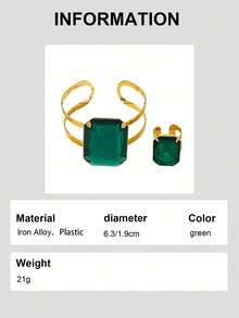 2pcs/Set Luxury Elegant Green Faux Gem Inlaid Adjustable Bracelet & Ring Set, Suitable For Gifting, Women's Party And Daily Wear