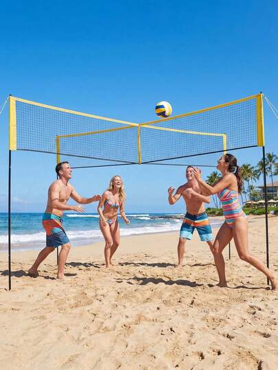 4-Wege-Volleyballnetz-Set für Garten und Strand, tragbares Volleyball-Spielset für draußen, 3-fach höhenverstellbar, 4,27 m (14 Fuß) großes 4-Wege-Volleyballnetz mit Tragetasche