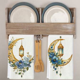 1/1/2 Sets Of Ramadan Themed Kitchen Towels - High Absorbency, Soft Polyester Fiber Dishwashing Towels, Designed With Holiday Lanterns And Crescent Patterns, Simple And Elegant Style, Decorated With Flowers. The Size Is 40 * 60cm - Suitable For Cooking And Baking, Suitable For Decorating Living Rooms, Kitchens, Dining Rooms, And Holiday Parties, And Can Be Used As A Housewarming Gift.