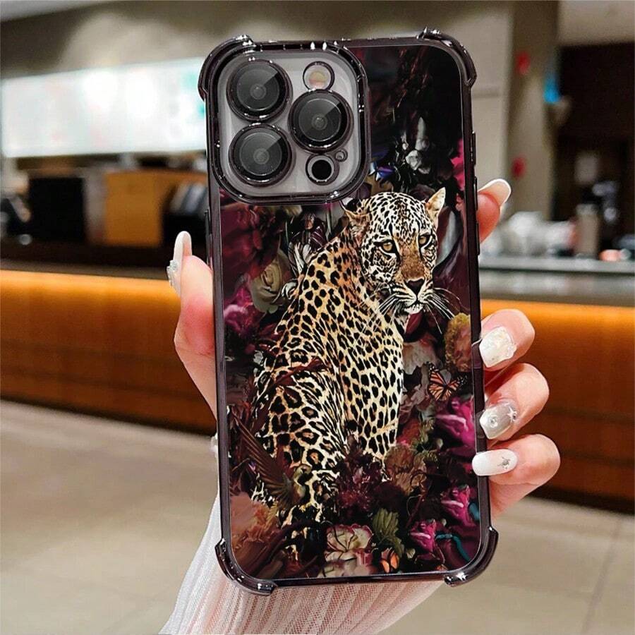1pcs Leopard Print Floral Phone Case Compatible with Apple Phone17ProMax 16 15 14Plus 11 12 13 ProMax, Shock Proof, Camera Protection Phone Case, Vintage, Personality, Highend, Elegant, Stunning, Can Be Given To Friends or Yourself - Negro - Ver 1