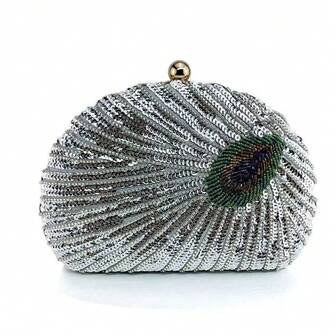 Peacock Blue Retro Cheongsam Style Handbag For Women, Peacock Embroidered Beaded Shiny Sequin Clutch Purse, Suitable For Formal Occasions Like Dinner Party, Wedding, Banquet