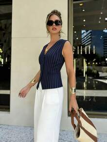 Navy Blue Vertical Striped Sleeveless Fitted Vest For Women, Chic Commuter Style Slim Fit Waistcoat - Navy Blue - View 5