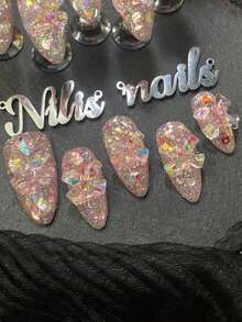 10片手工杏仁形亚克力美甲套装，粉色调，甜美Y2K风格，全覆盖式假指甲，3D蝴蝶结美甲装饰，闪亮全覆盖式美甲设计，适合女性在情人节、日常、仪式和节日佩戴（包含：1片果冻胶和1把指甲锉），是送给女性的绝佳美甲用品。 - 粉色 - 查看 6