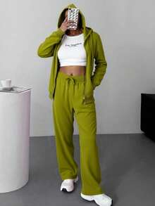 Conjunto de sudadera con capucha y cremallera para mujer -pantalones de pierna ancha, estilo casual y moderno, ideal para múltiples ocasiones. Tela suave y transpirable, diseño con detalles en negro y oro, - Verde - Ver 2
