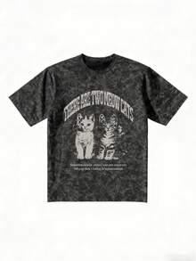 Japanese Style Women's Loose Round Neck Fashionable Versatile Letter & Cartoon Cat Print Tie-Dye Short Sleeve T-Shirt, Spring/Summer - Black - View 4
