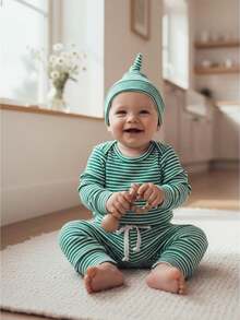 Conjunto de 3 piezas para bebé niño primavera otoño, mono de manga larga con cuello redondo a rayas + pantalón + gorra, ropa de ocio sencilla, ideal para 0-18 meses, perfecto para primavera otoño y uso diario infantil. - Verde - Ver 1