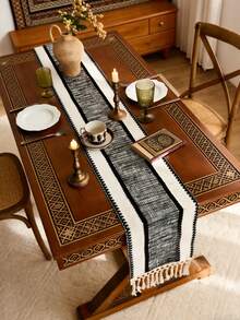 1 Piece Middle Eastern Islamic Style Geometric Zigzag Woven Table Runner, Black/White/Yellow Pattern With Fringed Edge, Durable Woven Material Table Decor, Ideal For Ramadan Festival & Traditional Dining Room, Matching With Carved Wooden Table & Copper Tea Set To Create Rich Cultural Atmosphere - Multicolor - View 8