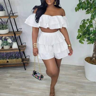 European And American Style Women's Fashion Multi-Layer Patchwork Off-Shoulder Ruffle Top And Pleated Ruffle Hem Shorts Set, Spring/Summer