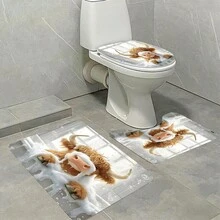 1/4 件套，可爱高地牛浴室套装 - 轻质面料，不透明，浴垫和马桶座套 - 可爱的农场动物设计。 - 彩色 - 查看 2