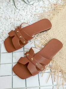 女士夏季新款休闲户外拖鞋，时尚平底凉鞋，宽松方头套脚拖鞋 - 棕色 - 查看 3