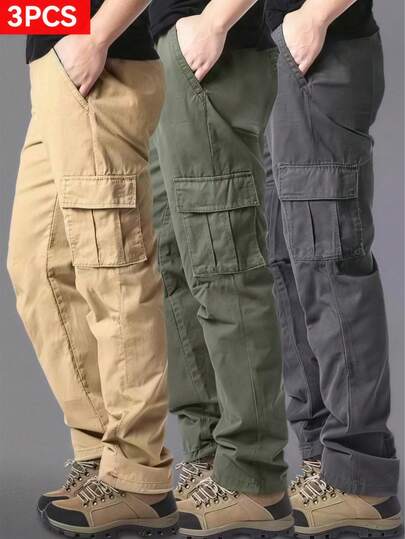 3-Piece Men's Multi-Pocket Cargo Pants Set With Drawstring Waist And Elastic Waistband, Straight Leg, Casual Versatile, Suitable For Daily Wear, Outdoor Sports And Fitness, Ideal For Men Or Boys Who Enjoy An Active Or Casual Lifestyle.