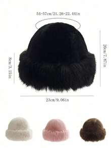 1/Pack New Style Women's Winter Plush Hat, Autumn And Winter European And Korean Style Warm Hat, Fashionable Solid Color Face-Enhancing Small Mongolian Hat, Thick Winter Clothing, Halloween - Black - View 3