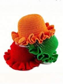 1顶纯色针织帽，黑色无檐帽，玫瑰红褶皱帽，波西米亚风，休闲可爱优雅复古街头风镂空针织渔夫帽，秋冬针织渔夫帽，适合情人节、圣诞节、节日礼物 - 彩色 - 查看 2