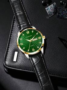 FANSICHEN Men's Waterproof Luminous Leather Watch | Crystal Dial Casual Quartz Wristwatch - Ideal Gift For Men Daily Wear - Gold - View 10