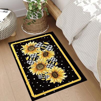 1pc Sunflower Themed Printed Rug, Faux Wool Mat - Highly Absorbent, Easy To Clean, Suitable For Home Decor, Farmhouse, Entryway, Indoor, Room, Kitchen, Dining Room, Small Office/Home Office, Sink, Laundry Room, Doormat, Kitchen Mat, Non-Slip Mat