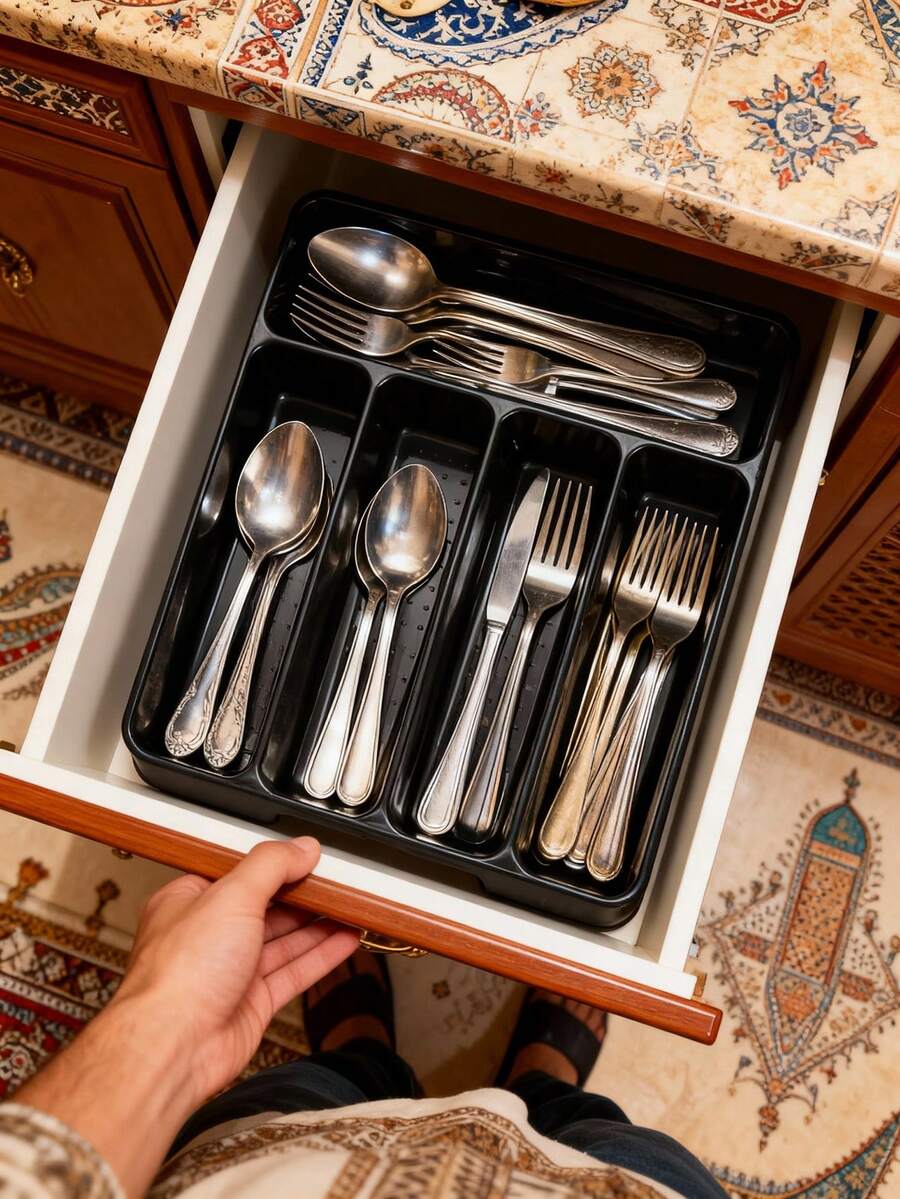 1个厨房勺架，餐具收纳架，抽屉分隔餐具收纳盒，橱柜安装式刀叉筷子架，厨房用具收纳架，抽屉刀叉盘分隔架 - 彩色 - 查看 1