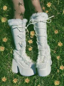 Women's Christmas Winter Furry Snow Boots Womens Mid Calf Boots Lace Up Zip Block Chunky High Heel Punk Goth Warm Fur Winter Snow Platform Knee High Boots - trắng - Xem 5
