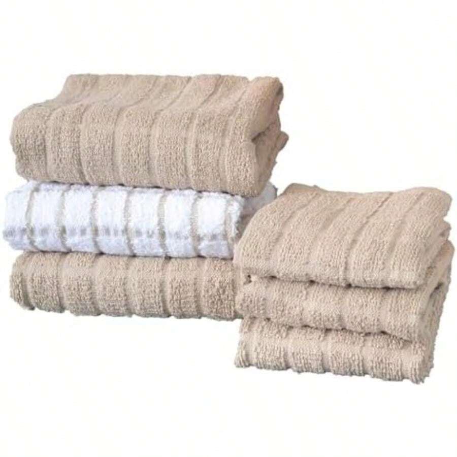 Ritz - Juego de Toallas de Cocina y paños de Cocina de Calidad, Muy absorbentes, súper Suaves, de Larga duración, 100% algodón a Cuadros y sólidos, Toallas de té, Toallas de Bar, Paquete de 6,(Masilla) - Multicolor - Ver 1