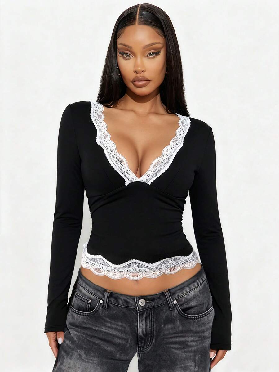 Sexy V-Neck Contrast Lace Fitted Women Top - Black - View 1