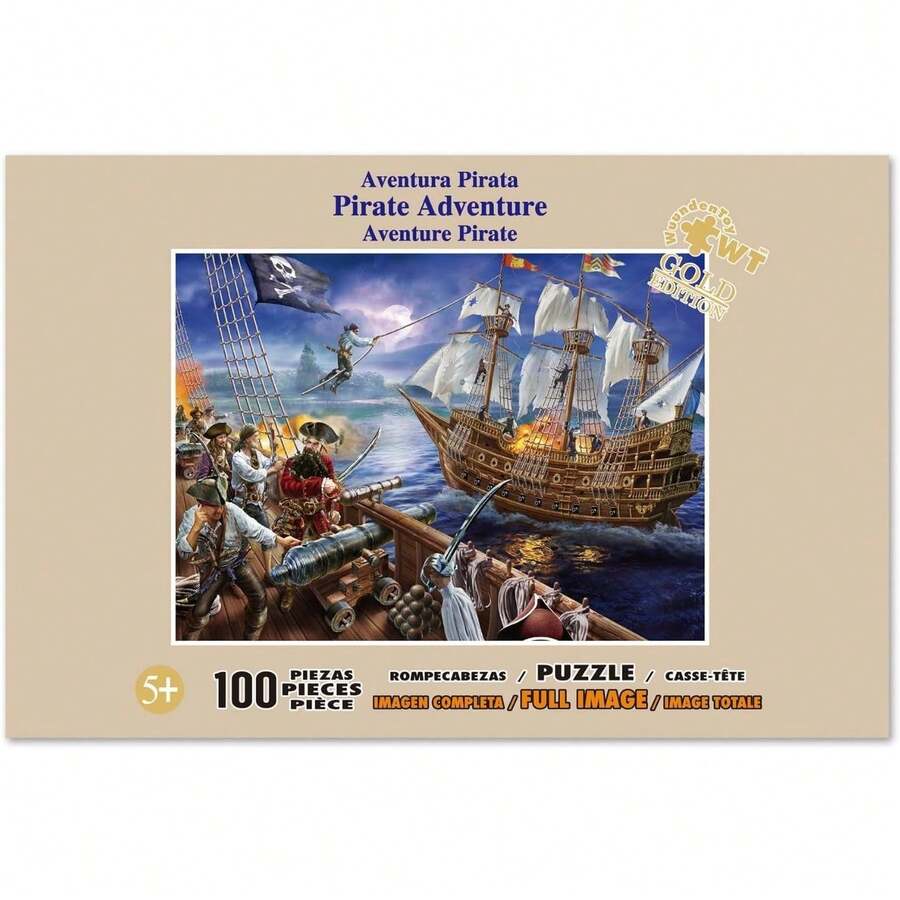 Wuunden Toy Rompecabezas 100 Piezas Pirate Adventure| Rompecabezas para Niños y Familia Edición Oro| Barco Pirata en Batalla Naval| Juego Educativo para Niños +5 Años - 1 - Ver 1
