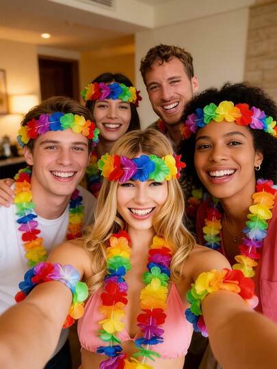 4Pcs-Set Party Hawaiian Flower Garland Petal Necklace Headband Bracelet Festival Dress Accessories Vibrant Hawaiian Flower Lei Set - Colorful Fabric Necklaces, Wreaths, Headbands & Bracelets For Beach Parties, Weddings, And Graduations - Perfect Beach Accessories, Beach Party Decor|Vibrant Lei Set|Decorative Necklace, Beach Accessories