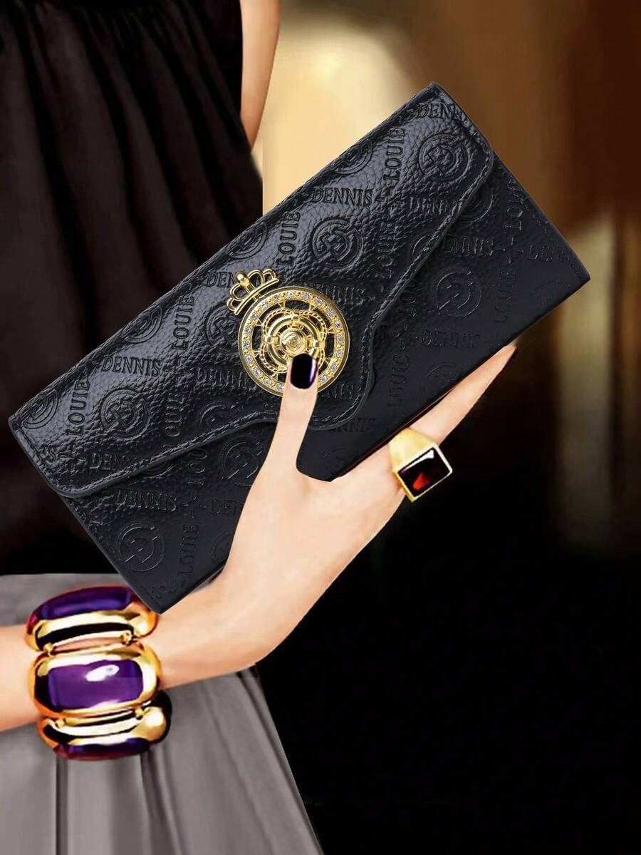 1pc Brown Contrast Color Metal Decor PU Clutch Wallet Fashionable & Versatile Suitable For Women Elegant Floral Wallet Purse Wallet Long Wallet Purses For Woman Wallet For Ladies Wallet - Black - View 1