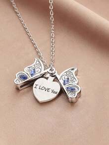 Personalized Customized Love Butterfly Necklace For Women, Can Be Opened With Diamond Inlaid Butterfly Heart Pendant, Accessory Sweater Chain, Personalized Carved Name Text Blue Zirconia Butterfly Pendant Necklace, Valentine's Day, Birthday Gift, Unique Gift For Girlfriends, Mothers, Friends - Multicolor - View 6