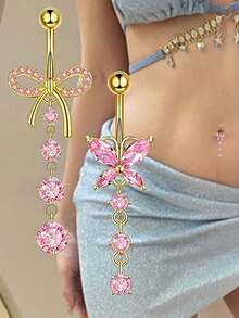 Set 3 buah cincin pusar gantung 16G, perhiasan tindik pusar bunga kupu-kupu stainless steel, cincin pusar warna emas untuk pemakaian sehari-hari wanita, hadiah pesta seksi untuk teman. - Cincin perut - View 4
