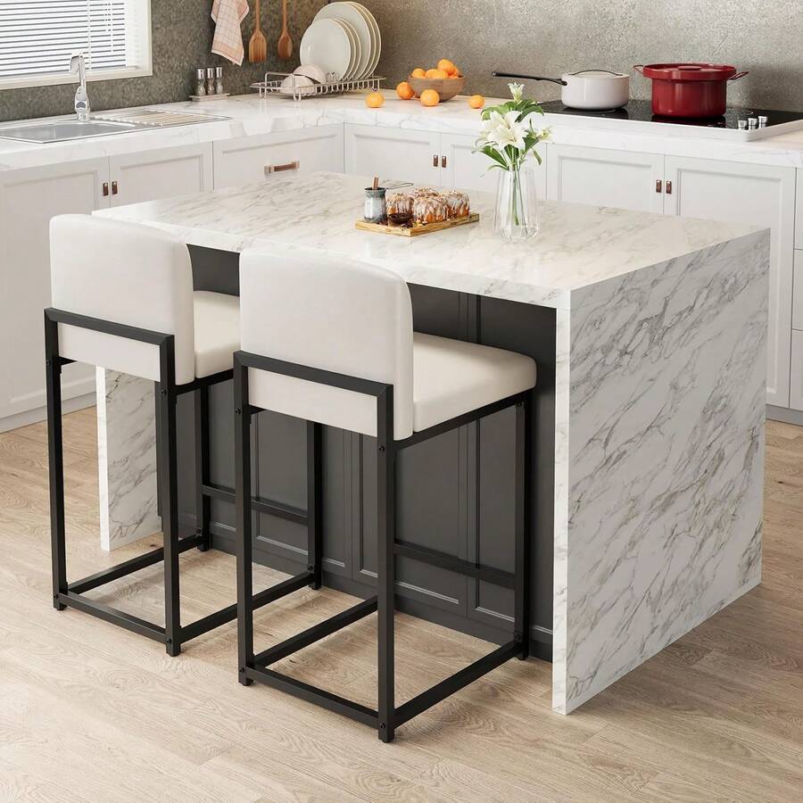 Modern Bar Stools Set Of 2 – Black Faux Leather Upholstery, Comfort Backrest, Robust Metal Legs, Counter Height Chairs With Footrest For Kitchen Island, Dining Room, Bar Bar Stools Set Of 2, Upholstered Counter Height 24.8" Bar Stools, Faux Leather Counter Stools Bar Chairs With Back For Kitchen Island - 白色 - 查看 1