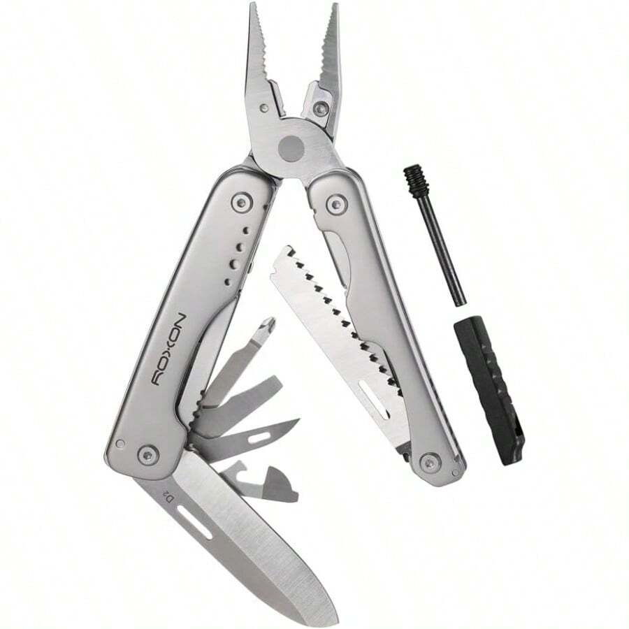 ROXON S803E Flash Multitool con 20 funciones que incluyen alicates fuertes varilla de pedernal y cuchillas bloqueables de tamaño completo para herramienta de supervivencia esencial para exteriores - Gris - Ver 1