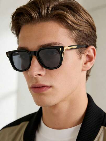 1pc Men's Retro Full Frame Decorative Glasses, Personalized Polygon Black Frame Grey Lens Metal PC Combination Eyeglasses, Suitable For Street Photography, Vacation, Driving