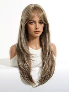 26 Inch Ombre Gold Long Straight Wig With Bangs, Heat Stylable, Suitable For Women's Daily Wear, Party, New Year And Everyday Use