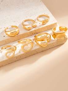 7件套朋克风戒指套装，女士复古几何戒指套装，时尚个性化珠宝礼品，适合日常穿搭和派对配饰 - 金色 - 查看 3