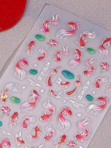 5D卡通锦鲤浮雕美甲贴纸2片装 红粉渐变可爱招财鱼莲花金元宝图案DIY卡哇伊自粘凝胶指甲油沙龙贴纸滑块美甲装饰 - 彩色 - 查看 8