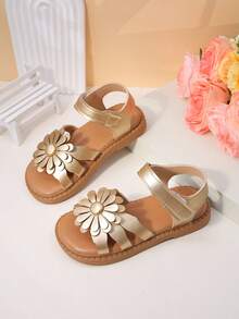 1 Paio di Sandali Piatti da Ragazza con Decorazione Floreale 3D Dorata, Finta Pelle Lucida, Chiusura a Strappo, Punta Aperta, Scarpe Casual da Spiaggia Dolci - Castano - Visualizzare 5