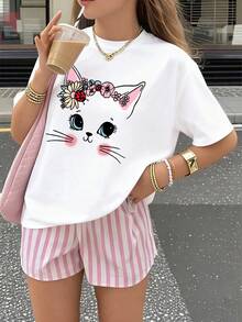少女休闲可爱猫咪印花圆领短袖T恤，夏季上衣，适合可爱女孩日常穿着 - 白色 - 查看 3