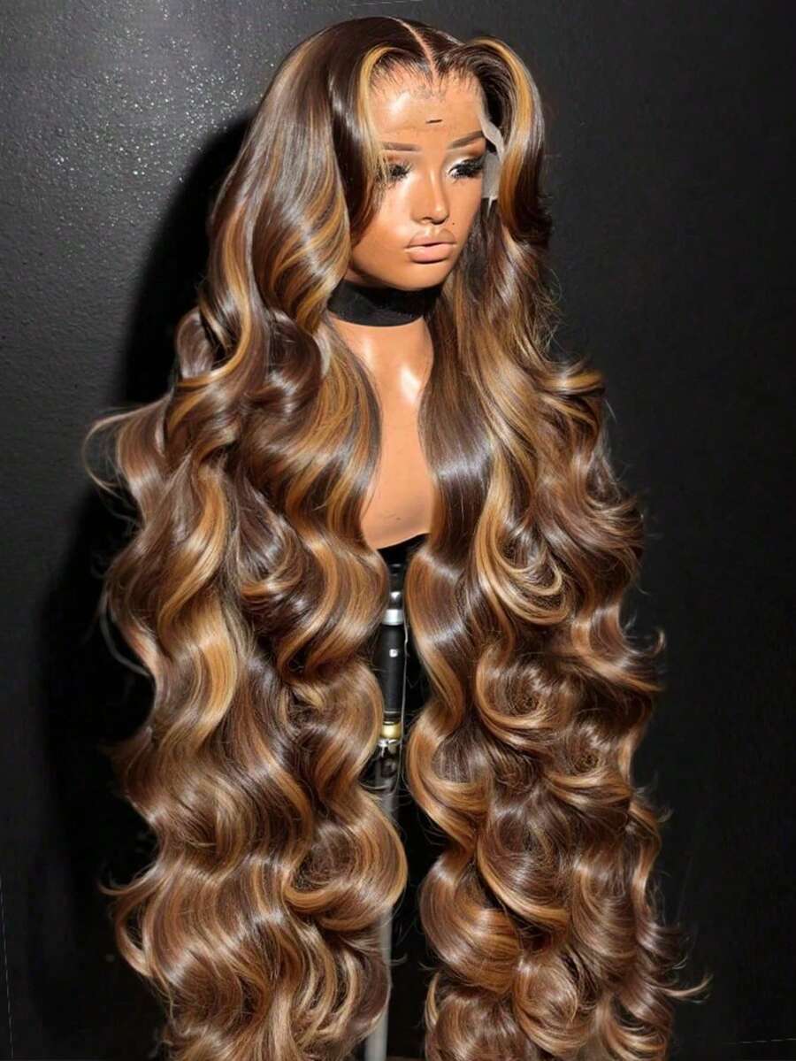 VIOLLY 34 Inches Highlight Lace Front Wig Human Hair Blended Wig Ombre Honey Gold Body Wave 5x5 Closure Lace Glueless Wigs Transparent Swiss Lace 180% Density 13x4 Lace Front Wigs Brazilian Virgin Hair Pre Plucked With Baby Hair For Women Natural Black - SP4/27 - View 1