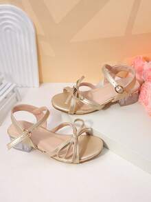 新品上市！女童金色亮片高跟凉鞋，透明方跟公主鞋，防滑鞋带 - 金色 - 查看 5